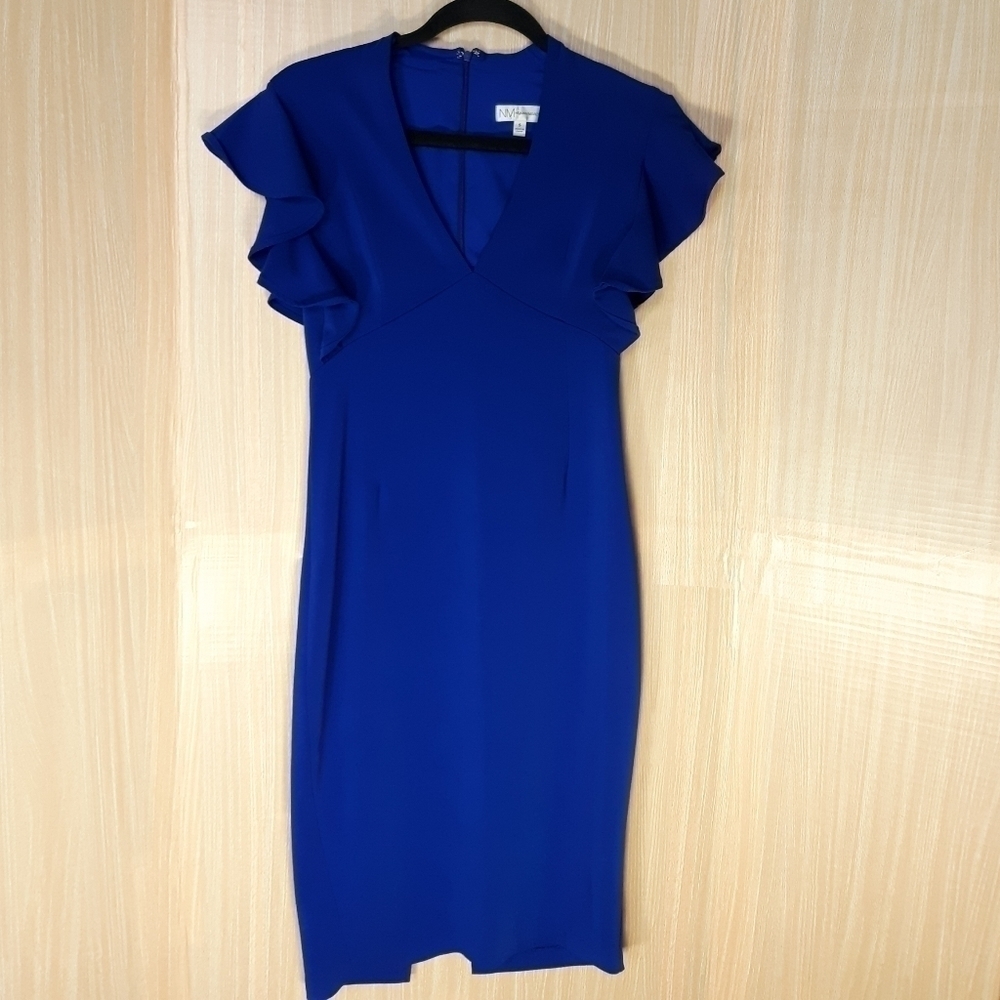 Neiman Marcus Cobalt V-Neck Ruffle Sleeve Midi Dress